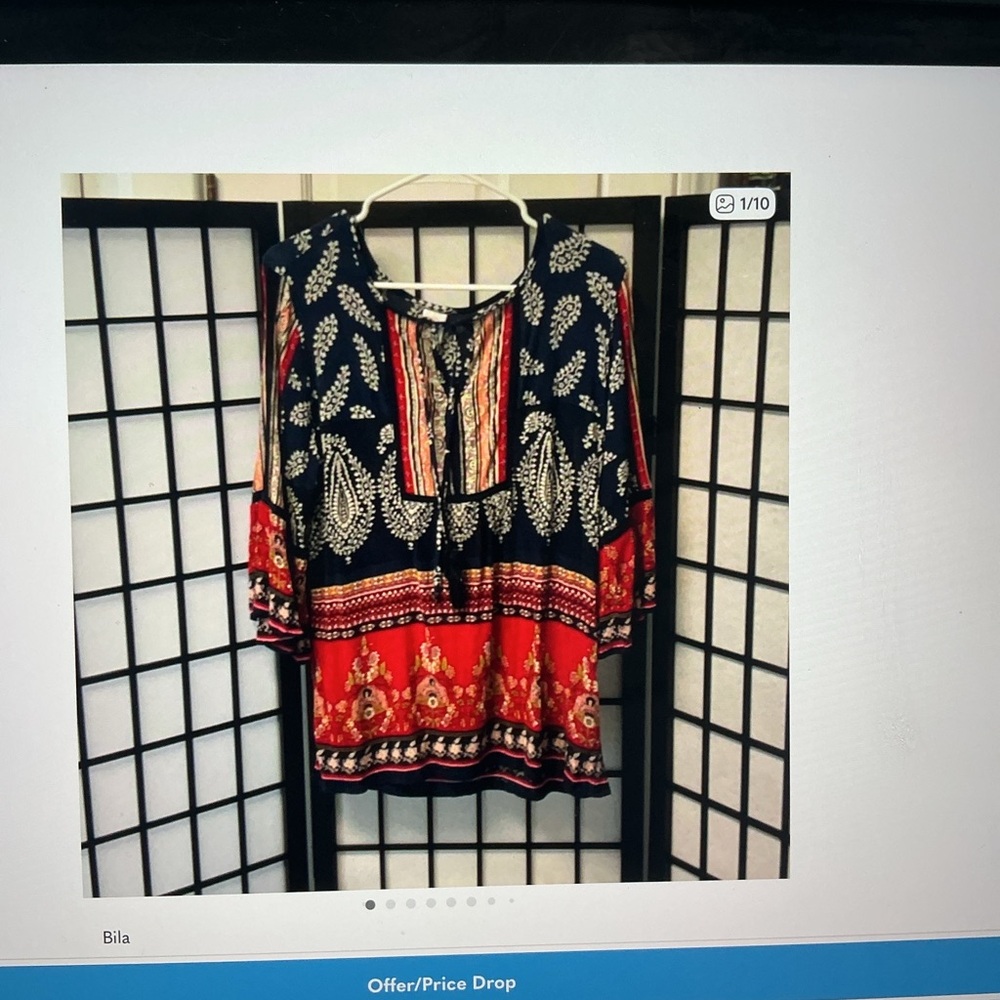Boho Navy and Red Printed Peasant Tunic excellent condition - Picture 9 of 9